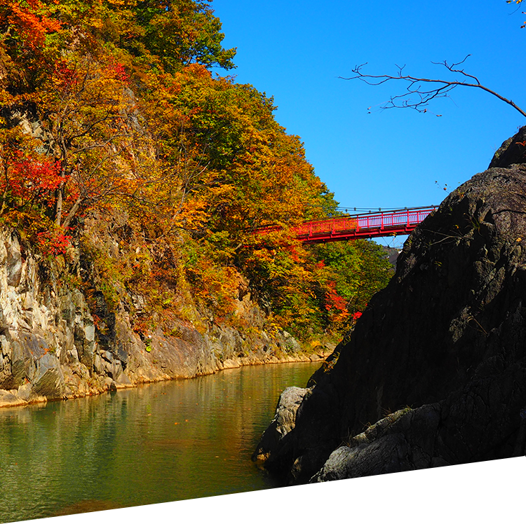 絶対外せない！ 赤いつり橋と渓谷を流れる川が一望できる　二見公園・二見吊橋
